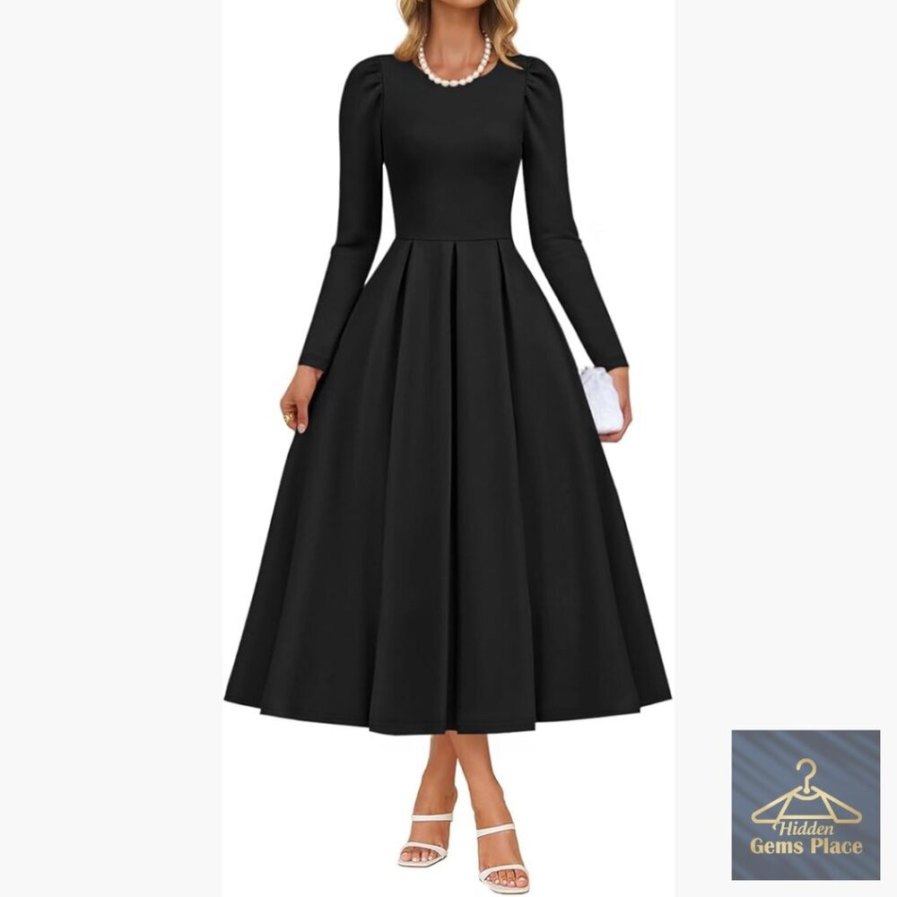 Long Sleeve Midi Dress with Pockets, A-Line Silhouette, Wedding Guest